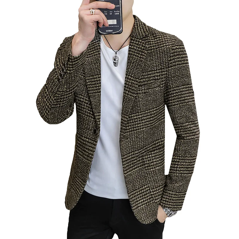 New Simple Atmosphere Men's Small Suit Korean Version Slim Top Handsome Casual Plaid Single Suit Trend Formal Coat Men 2