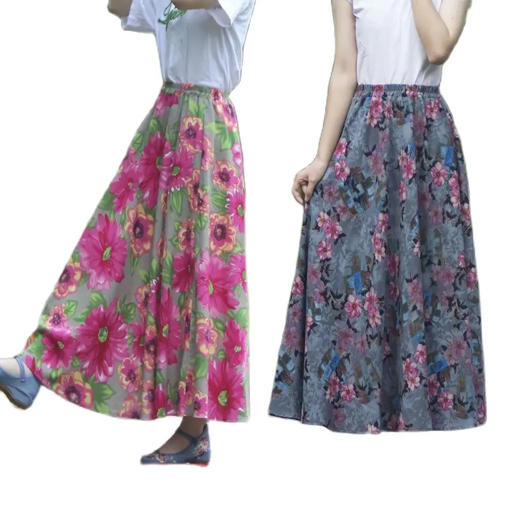 

2023 Spring/Summer New Women's Ethnic Style Cotton And Hemp Printed Half Skirt A-line Large Swing Skirt Elastic Waist Long Skirt