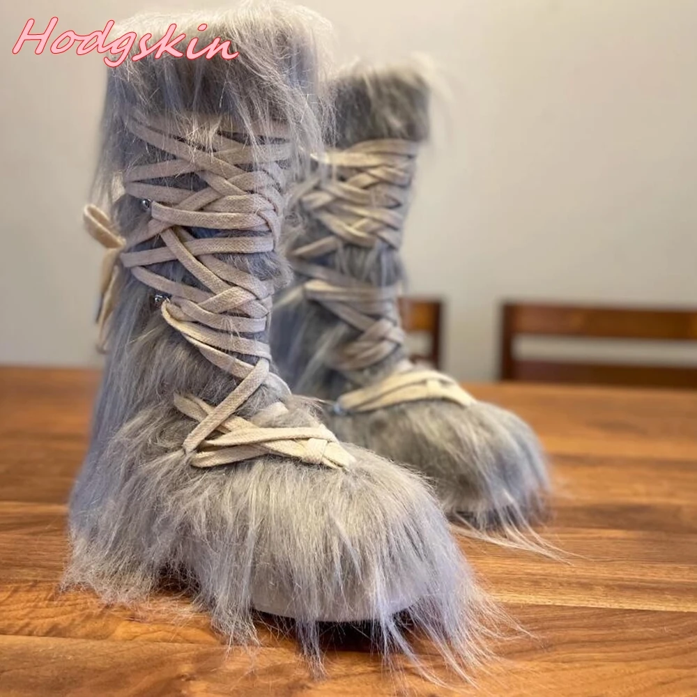 

2024 Newest Fur Women Boots Round Toe Cross Tied Flats Mid Calf Boots Novelty Strange Style Cool Girl Fashion Boots Large Size