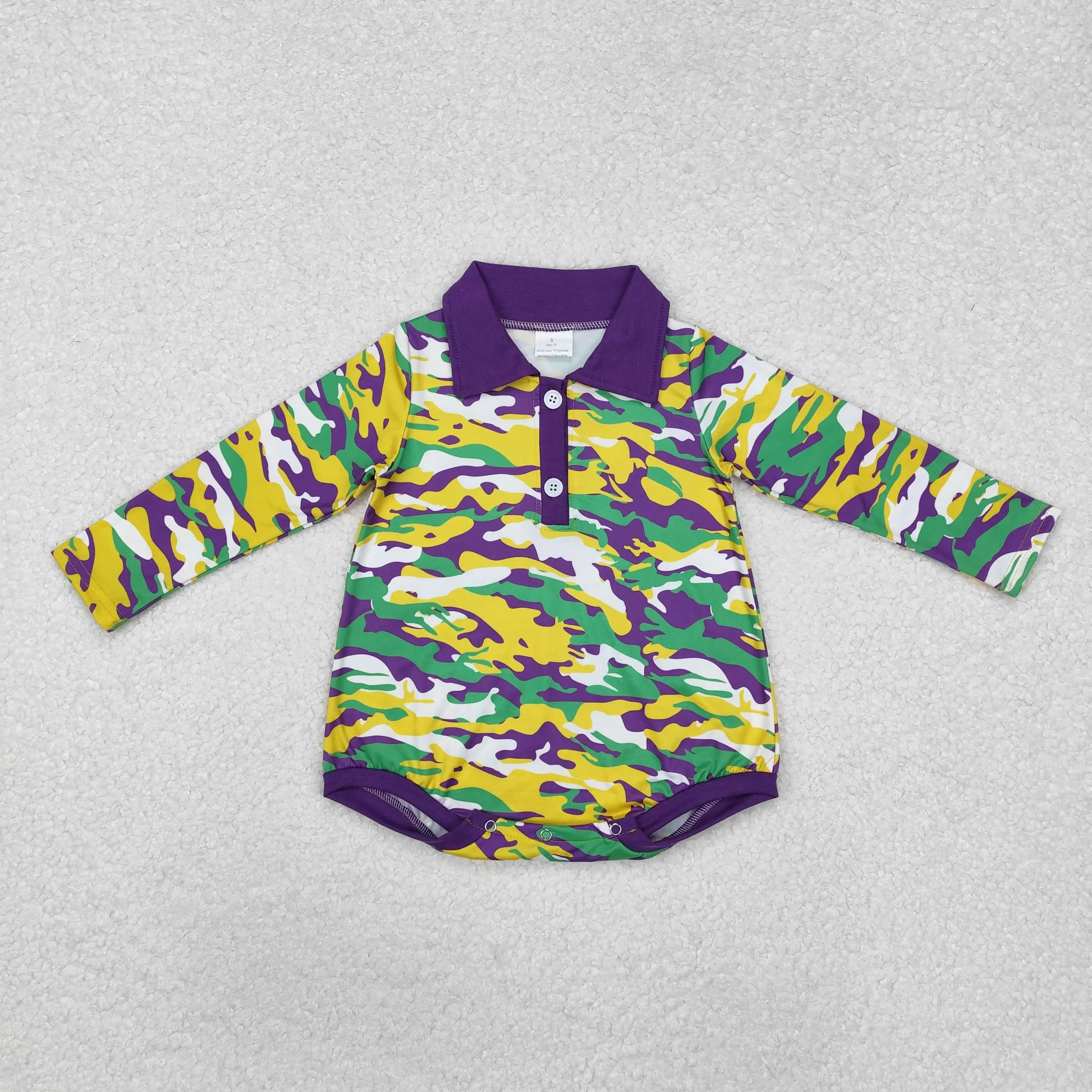 Wholesale Toddler Mardi Gras Romper Kids Short Sleeves Clothes Baby Boy Checked Bubble Children Infant Pullover Buttons Jumpsuit 4