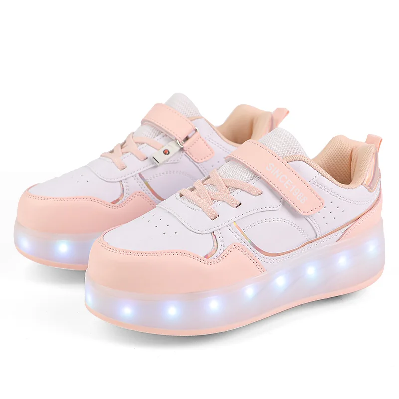 Roller Skate Shoes - Kids LED Light Sneakers With Hook & Loop Closure