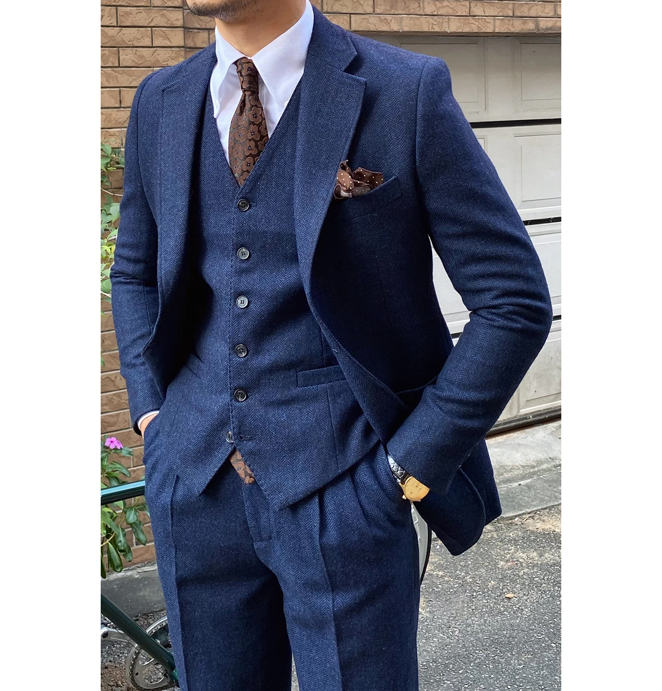 

Tweed Men Suits 3 Pieces Suits Blue Notched Lapel Slim Fit Business Groom Tuxedos For Formal Wedding Suit(Blazer+Vest+Pants)