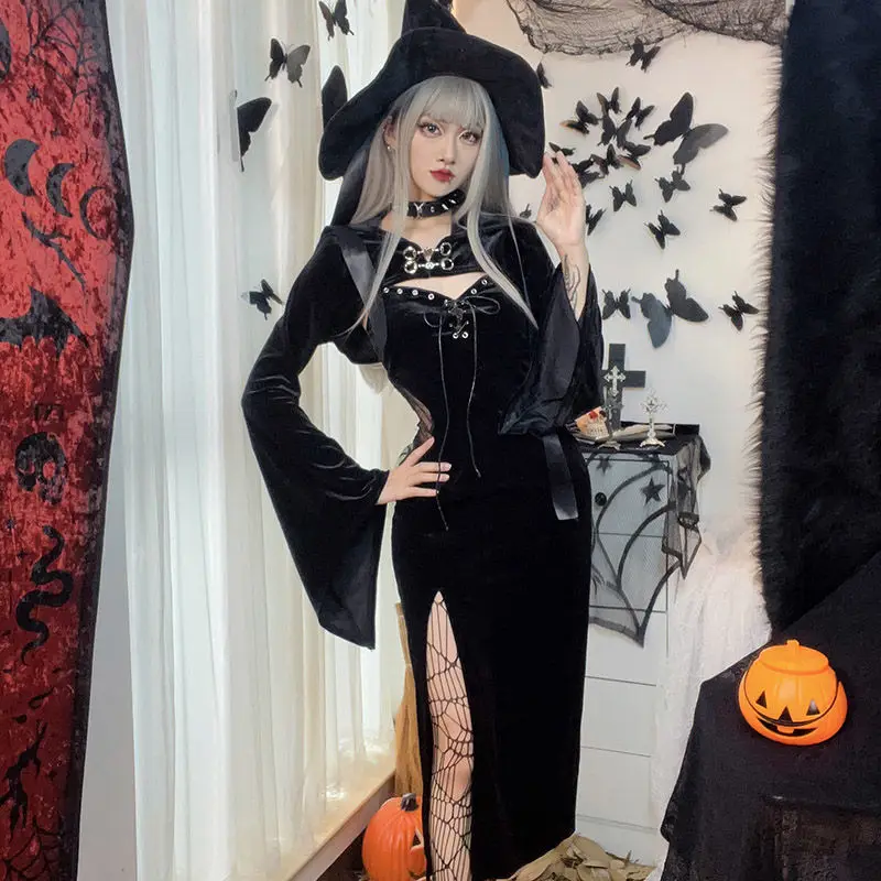 

Dark Black Gothic Halloween Women Two-piece Witch Hooded Crop Top Velvet Split Halter Long Dress Subculture