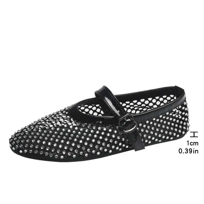 Summer Rhinestone Mesh Hollow Sandals Plus Size 43 Women Flats Shallow New Mary Jane Shoes Comfort Luxury Female Flat Shoes women shoes casual shoes women flats