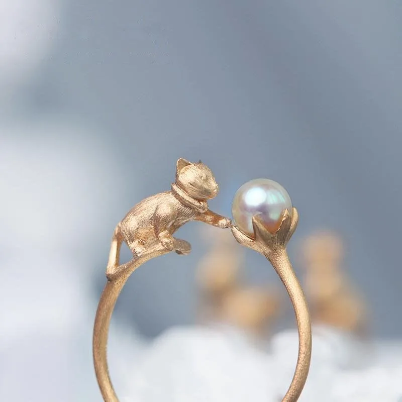 Anelli di perle di gatto carino stile delicato per le donne che aprono gioielli da festa di lusso leggeri opachi di artigianato in oro antico dolce  36