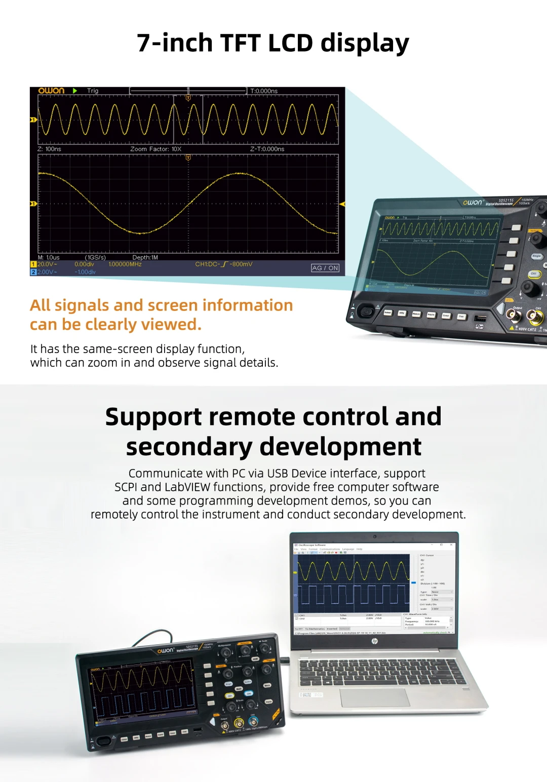 Digital Oscilloscope SDS200 2-channels 100Mhz 150Mhz 200Mhz 1GS/s FFT+ 25MHz 14B