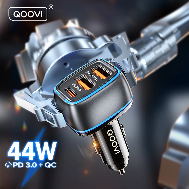 QOOVI 44W Car Charger 3-Port USB-C PD Fast Charging for iPhone Samsung Xiaomi
