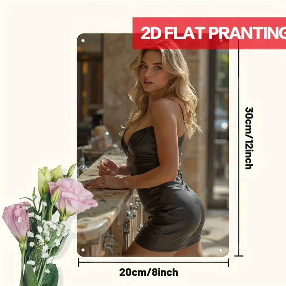 빈티지 섹시한 금발 여성 검정 가죽 미니 드레스를 입은 바 카운터 레트로 금속 틴 사인, 소박한 대리석 주방 카운터 모델 벽 장식