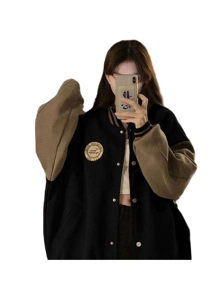 여성용 두꺼운 플리스 야구 재킷 루즈핏 오픈 가디건 스웨트셔츠 트렌디 가을 겨울 스포츠웨어 캐주얼 의상