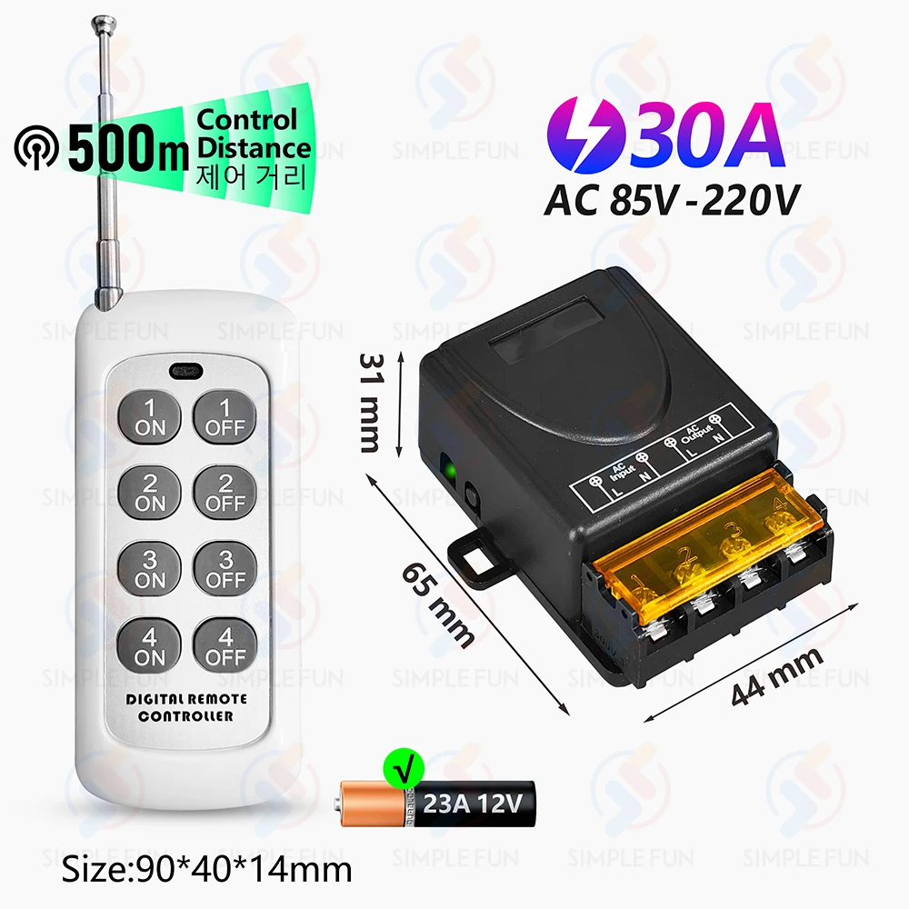 433Mhz 무선 원격 제어 전등 스위치 110V 220V,500 미터 제어 범위, 30A 고전력 릴레이 모듈, 펌프 램프 팬 DIY 용