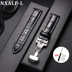 Elegant Genuine Leather Watch Band with Butterfly Buckle - Versatile and Stylish Bracelet - 18mm (Black White)
