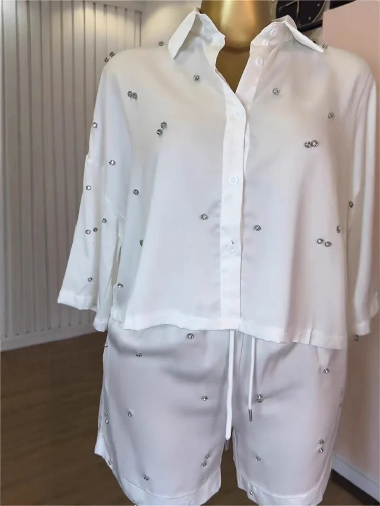 Wmstar Two Piece Sets Wholesale Long Sleeve Top Lapel Loose Studded Shirt and Wide Leg Shorts Sets New Matching Suit 2025