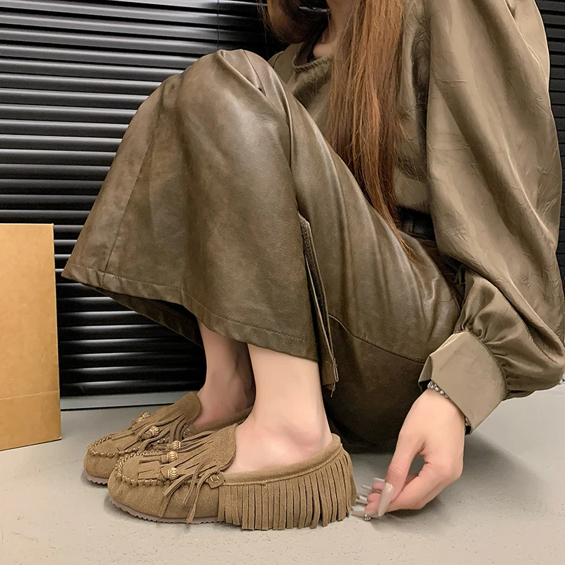 2024 Summer All-match Flat Bean Shoes Slip-on Lazy Women's Shoes Soft Soles Shallow Mouth Retro Tassel Women's Shoes 6