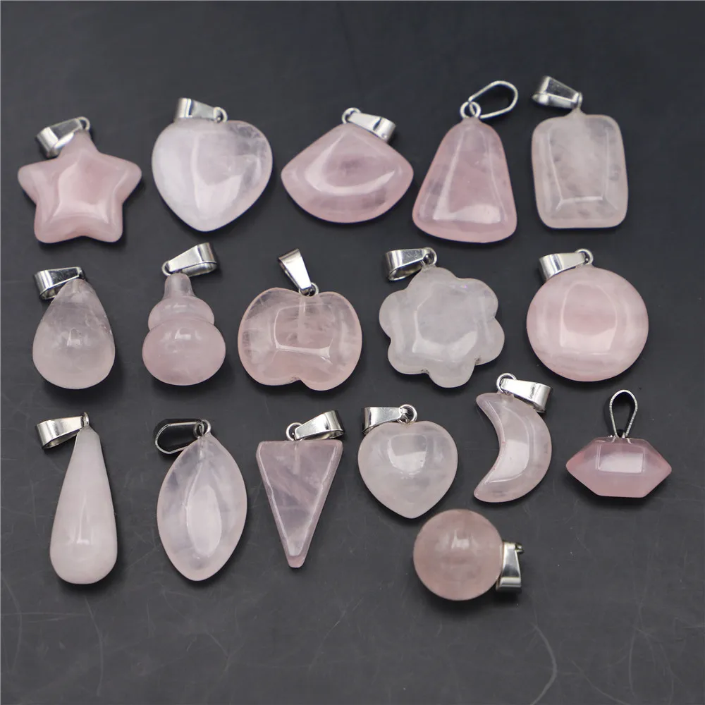 Fashion Natural Rose Quartz Stone Crystal Heart Fan Pendants Charms Waterdrop Gourd Star Moon for Women Jewelry Making 30PCS