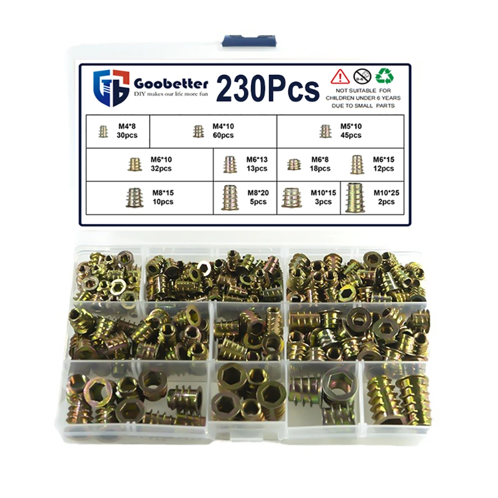 Description Picture 6 of item230Pcs Metric Threaded Inserts Nuts Kit M4 M5 M6 M8 M10 Zinc Alloy Wood Inserts Nut Set