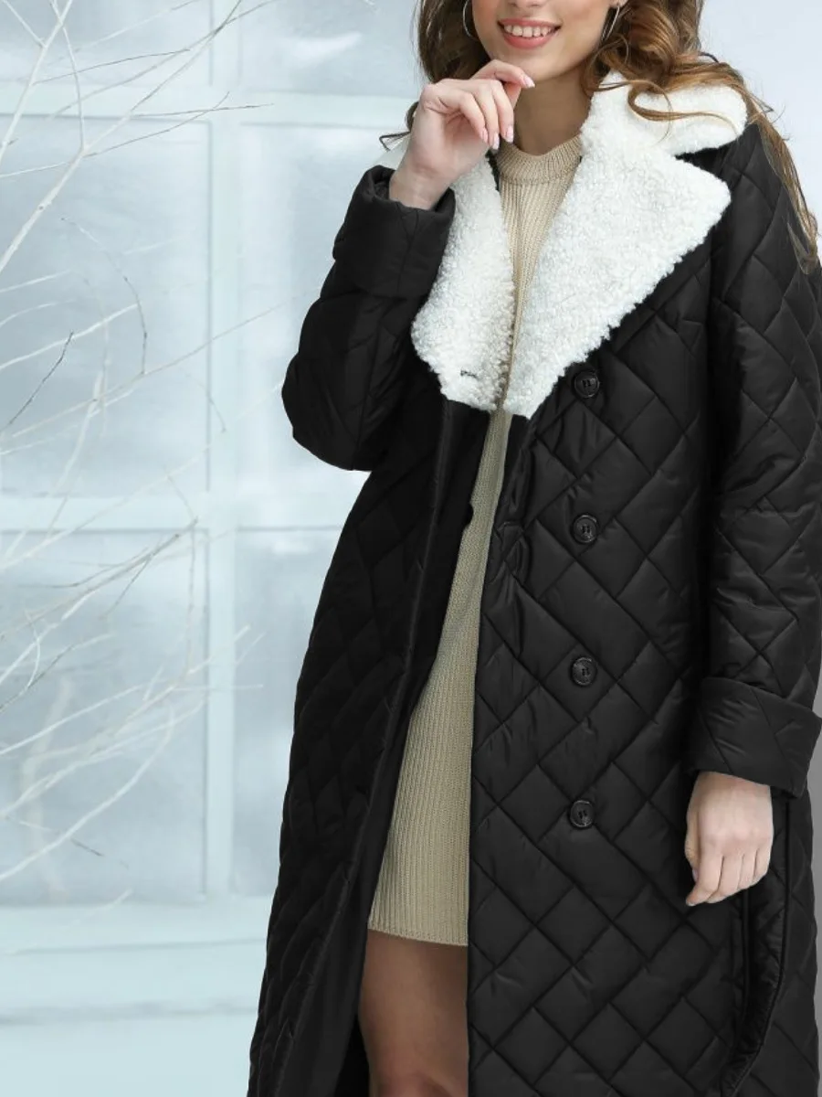 

European And American Casual Style Autumn And Winter Long Women's Fur Collar Coat With Lapel And Waist Tied Women's Cotton Coat