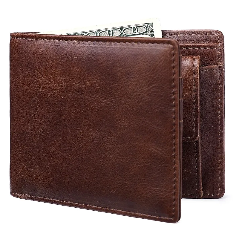 Nuovo Portafoglio da Uomo in Pelle Cerata con Clip Portasoldi Orizzontale, Stile Retrò in Pelle Bovina, Slot per Carte RFID Antifurto e Portamonete - immagine 2