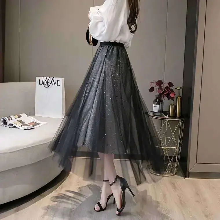 

Black Mesh bright yarn Skirt Fashion Skirt High-Waisted A- line Long Skirt Woman Skirts Mujer Faldas Saias Mulher