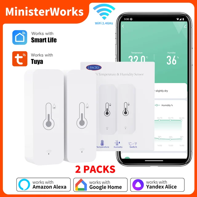 เซ็นเซอร์วัดอุณหภูมิและความชื้นแบบ WiFi 2PACK ยี่ห้อ Tuya ควบคุมผ่านแอป Smart Life ใช้งานร่วมกับ Yandex Alice และ Alexa ได้ 1