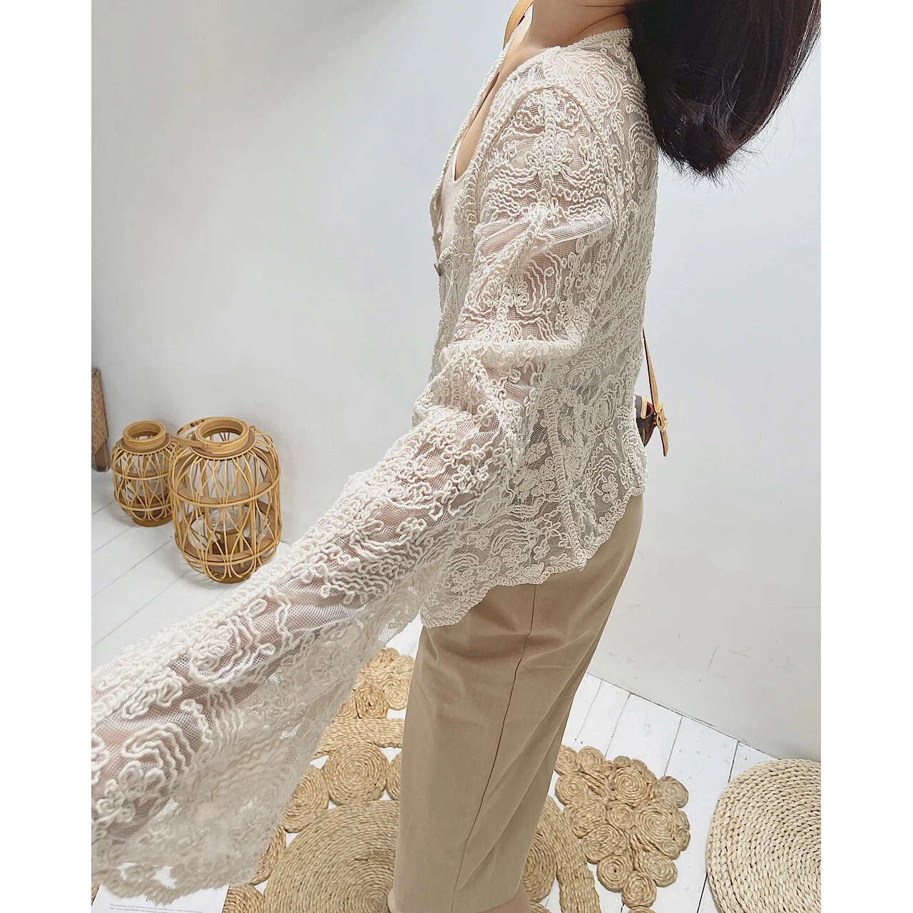 2023 Woman Ivory Lace Plaid See Through Blouse Shirt Female Clothing Fashion Tunics Top Sweater Star Long Sleeve Cardigan Oem