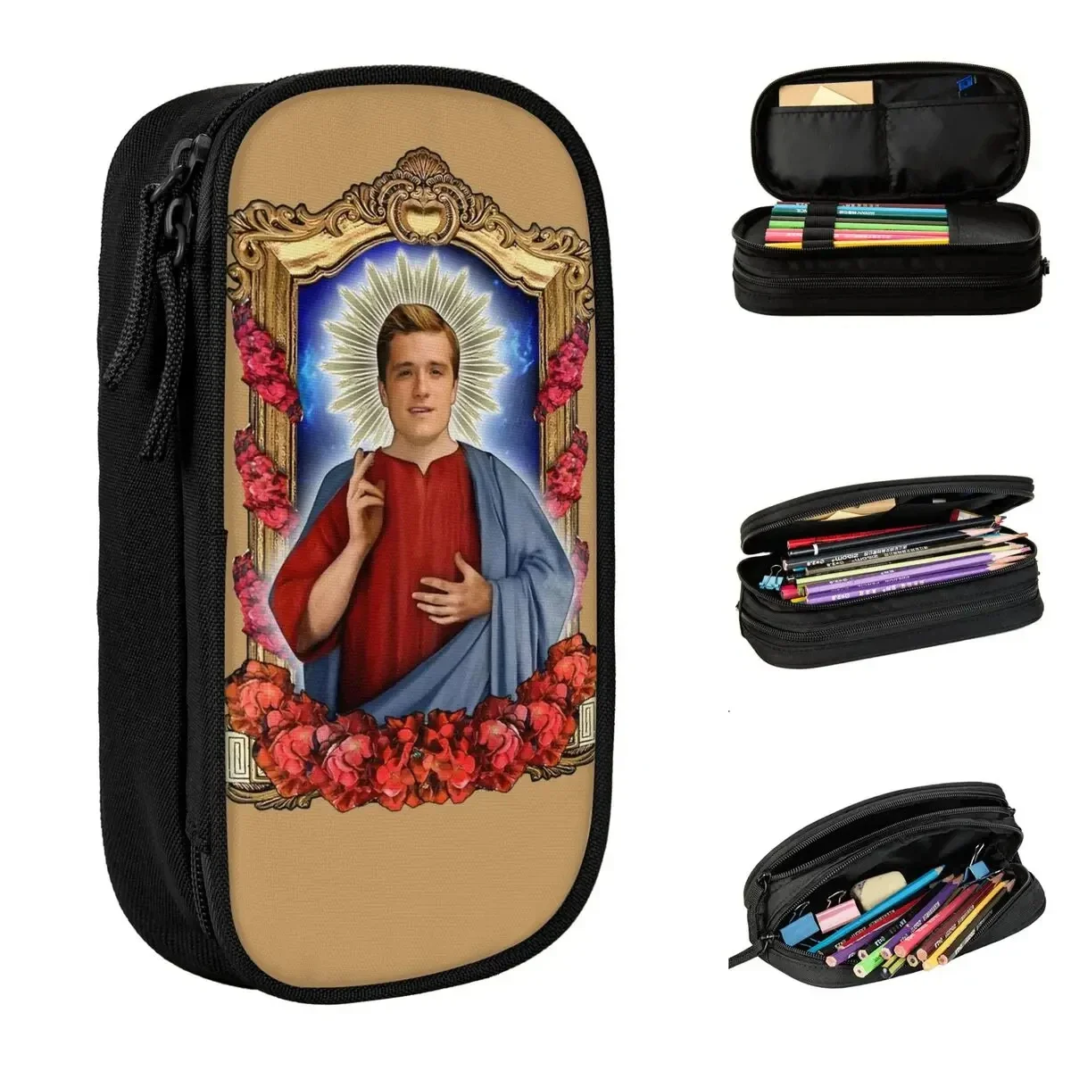 Saint Josh Hutcherson 펜 박스 더블 레이어 대용량 사무용품 재미 있은 패턴 연필 가방 깜짝 선물