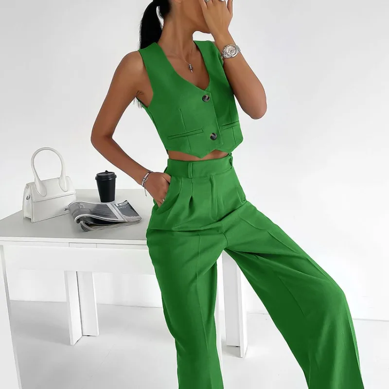 Summer Cotton and Linen Trousers Set Women's Fashion Green Crop Sleeveless Vest & Pants Sets Temperament Commuting Woman Outfits