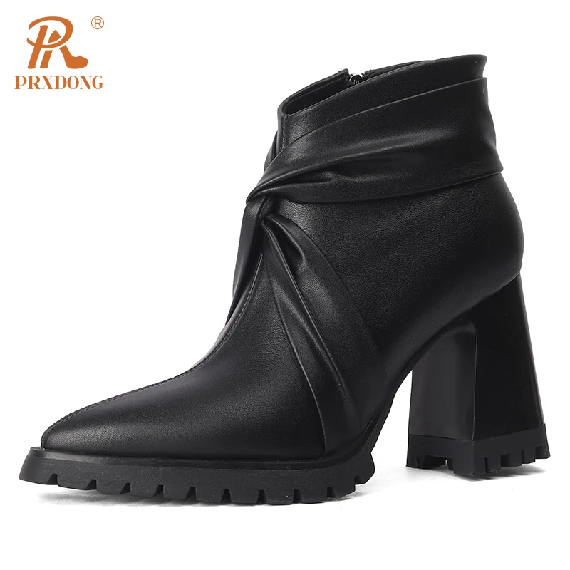 

PRXDONG Brand Genuine Leather Autumn Winter Shoes Chunky High Heels Black Butterfly-knot Dress Party Lady Ankle Boots Size 34-39