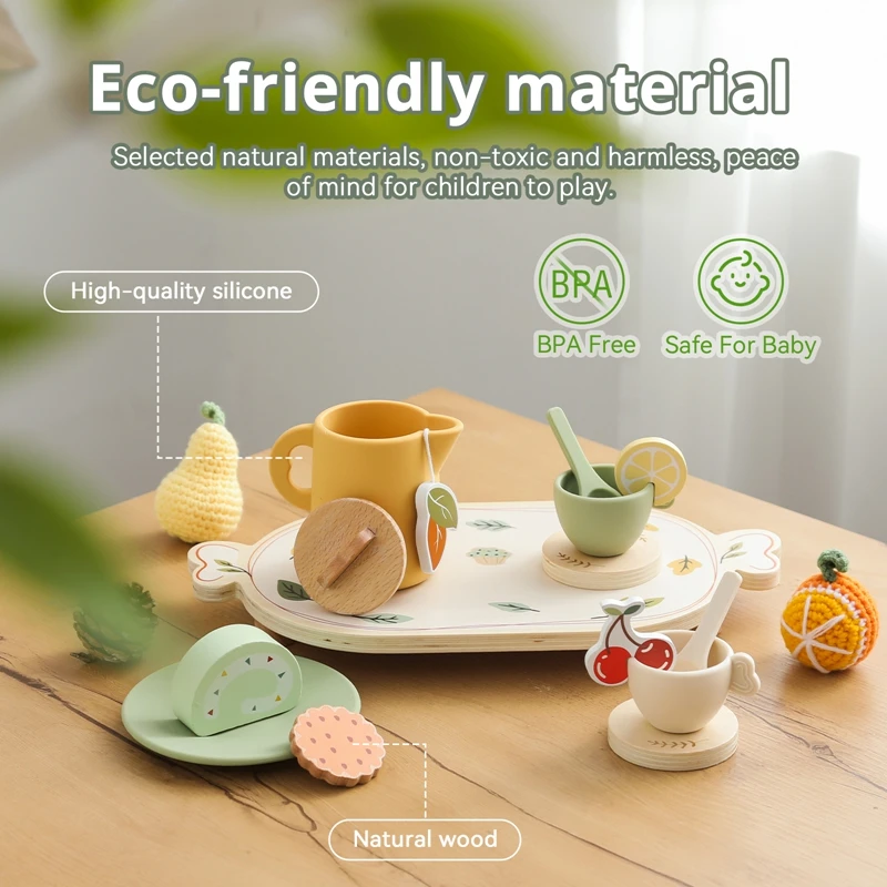 Baby Wooden Afternoon Tea Set Tea Party Tableware Wooden Handiccraft Toy Kitchen Pretend Play Set for Toddlers Kid Birthday Gift