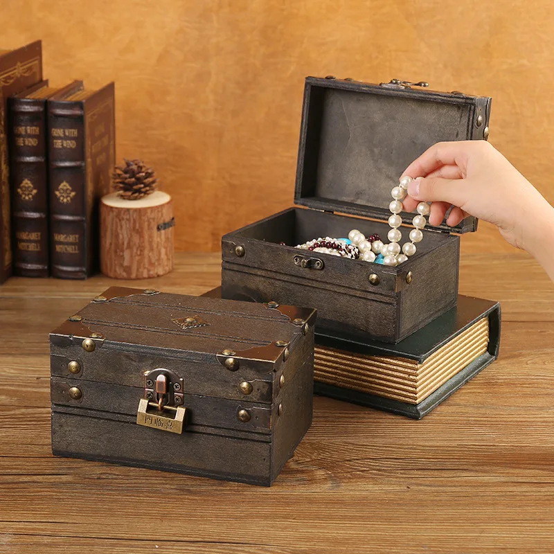 1pc Wooden Storage Box, Vintage Jewelry Box, Large Capacity Storage Box, Antique Lock Treasure Chest