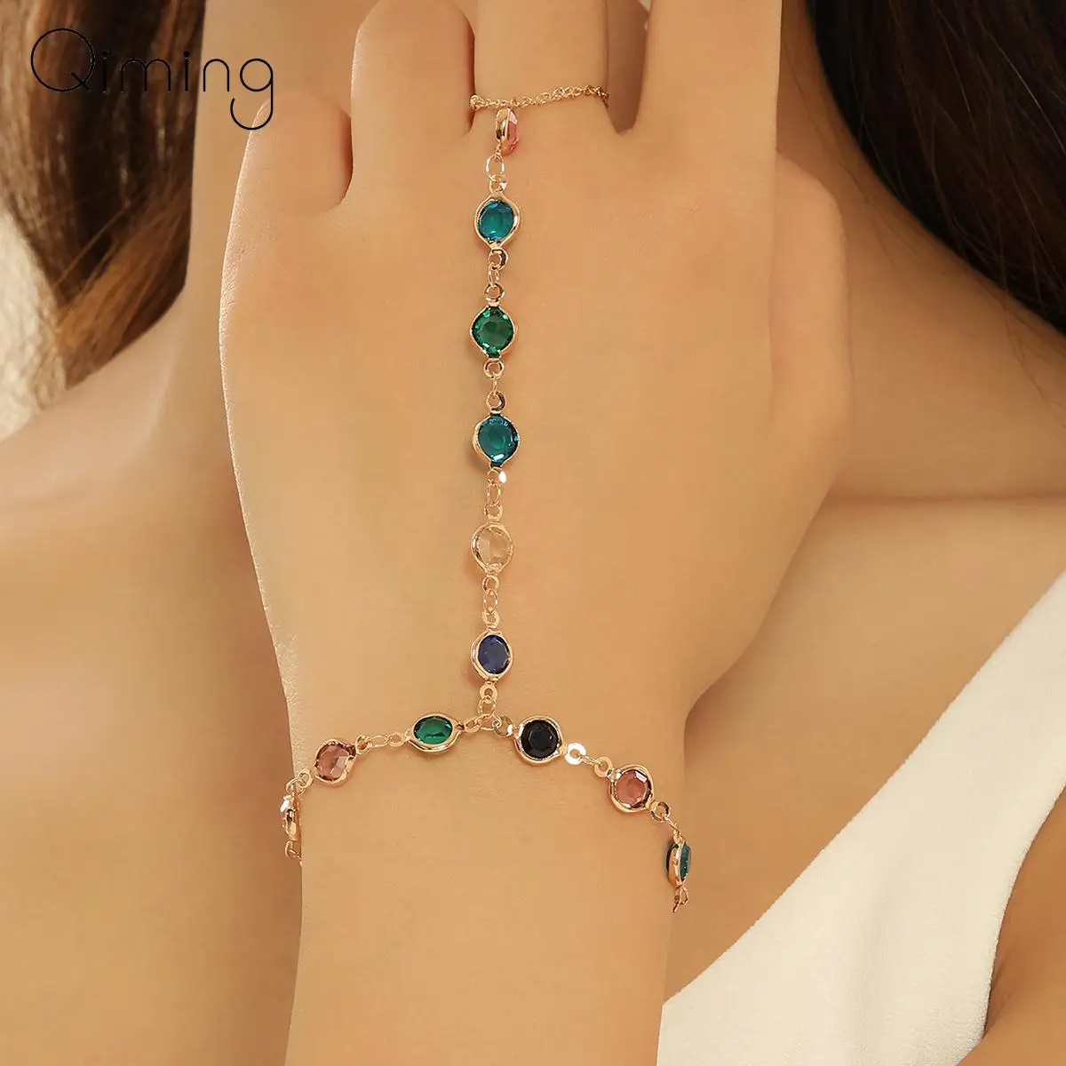 Zircon Bracelets Colorful Zircon Crystal Link Chain Wrist Bracelet Women Finger Ring Bracelets Trend Statement Jewelry
