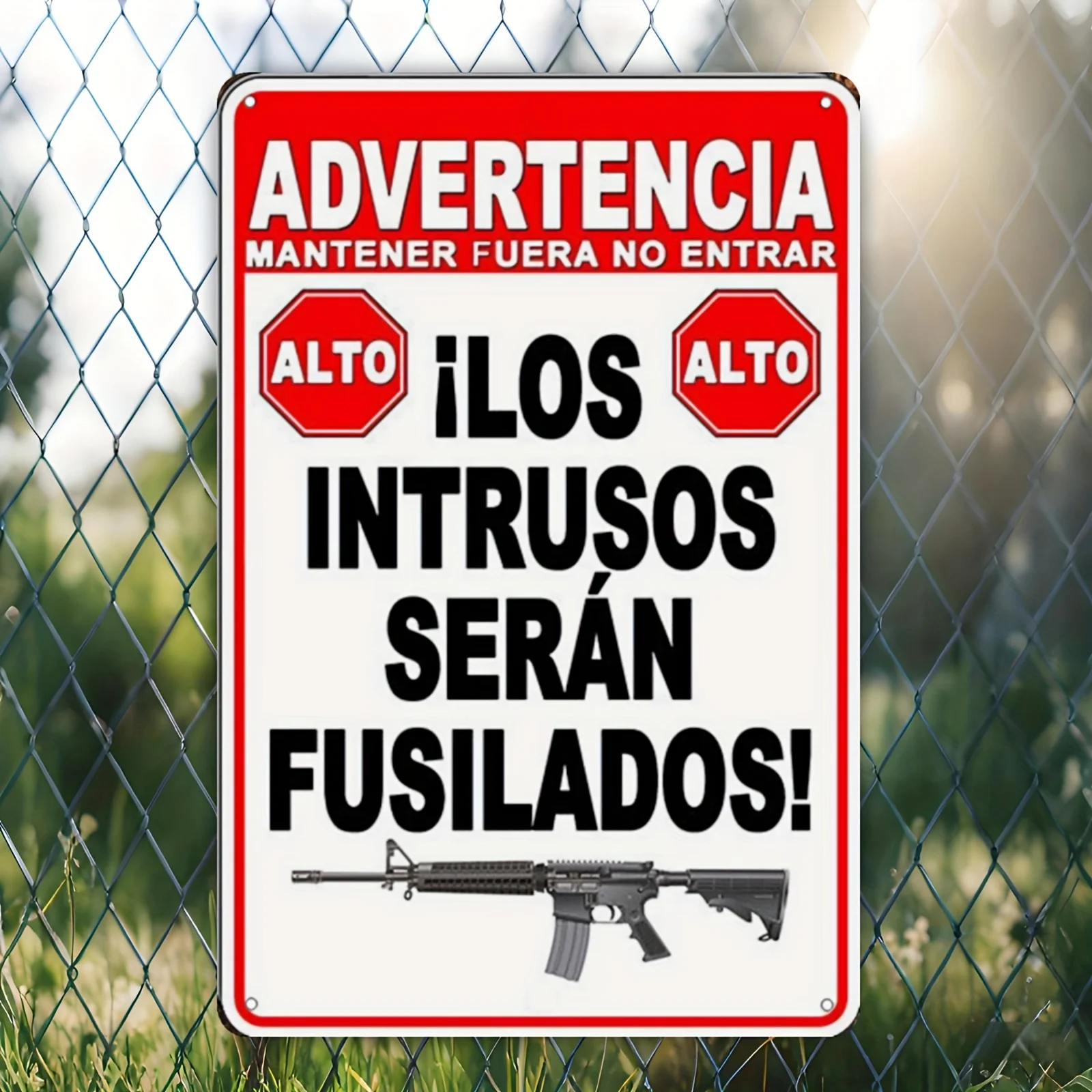 Spanish Warning Sign - Trespassers Will Be Shot Keep Out, in Metal Wall Decor for Home, Bar, Office, or Club - Unframed Iron Pl
