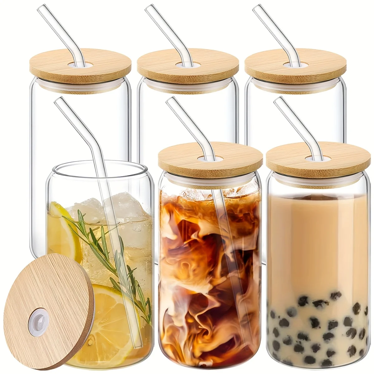 6Pcs Glass Cups Set, 16OZ Beer Can Shaped Drinking Glasses Set, Iced Coffee Glasses with Bamboo Lids and Glass Straws
