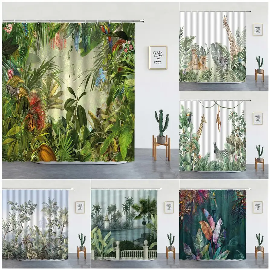 Shower Curtain Tropical Print Curtains Animals Print Jungle Animals
