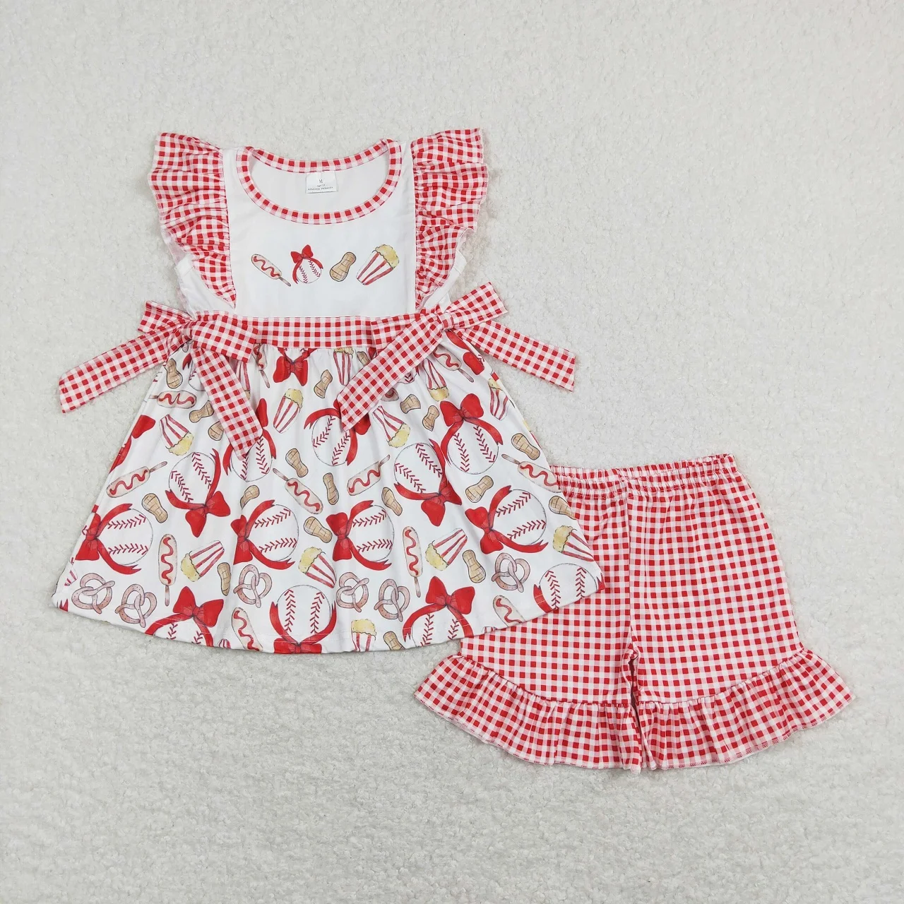 

Wholesale Infant Ball Outfit Children Summer Short Sleeves Baseball Bows Tunic Toddler Kids Plaid Ruffle Shorts Baby Girl Set