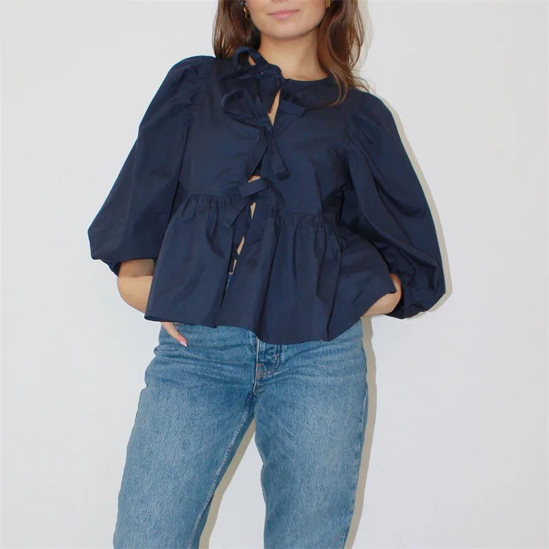 Camisas Y2K para mujer, ropa estética, elegante, color sólido/rayas, manga 3/4, cárdigan con lazo, blusa de los años 2000, ropa de calle