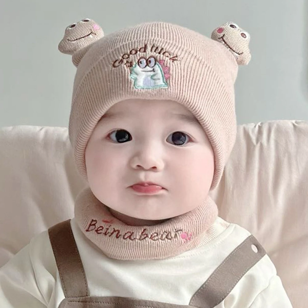 Good Luck Dinosaur Beanies Autumn Winter Boys Girls Baby Hat Cute Wool Knitted Hats Infant Cute Outdoor Windproof Scarf Set