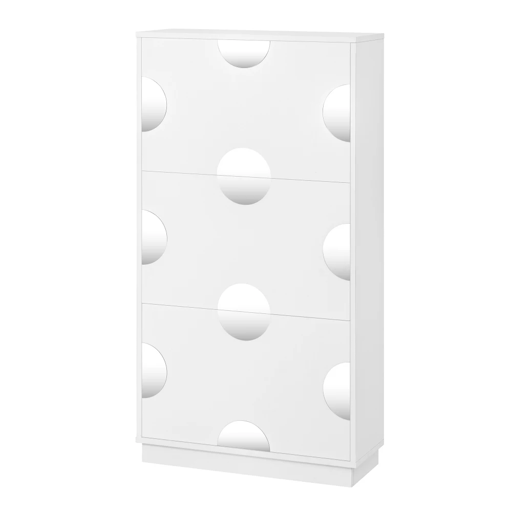 PINGGO Moderner Einzigartiger Weißer Schuhschrank mit 3 Klappen, Rundspiegel und Großem Stauraum für Eingangsbereich und Flur – Detail 12