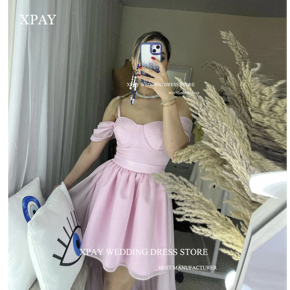 

XPAY Spaghetti Straps Pink Short Party Dresses Off the Shoulder Shiny Mini Prom Dress Organza Cocktail evening dress vestidos