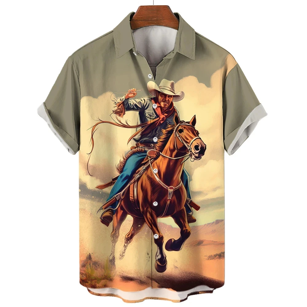 thumbnail image 1 of Camisa retro de vaquero occidental con estampado 3D para hombre, manga corta, solapa, botones clásicos, moda urbana, ropa de verano, extra grande, 1 of 5