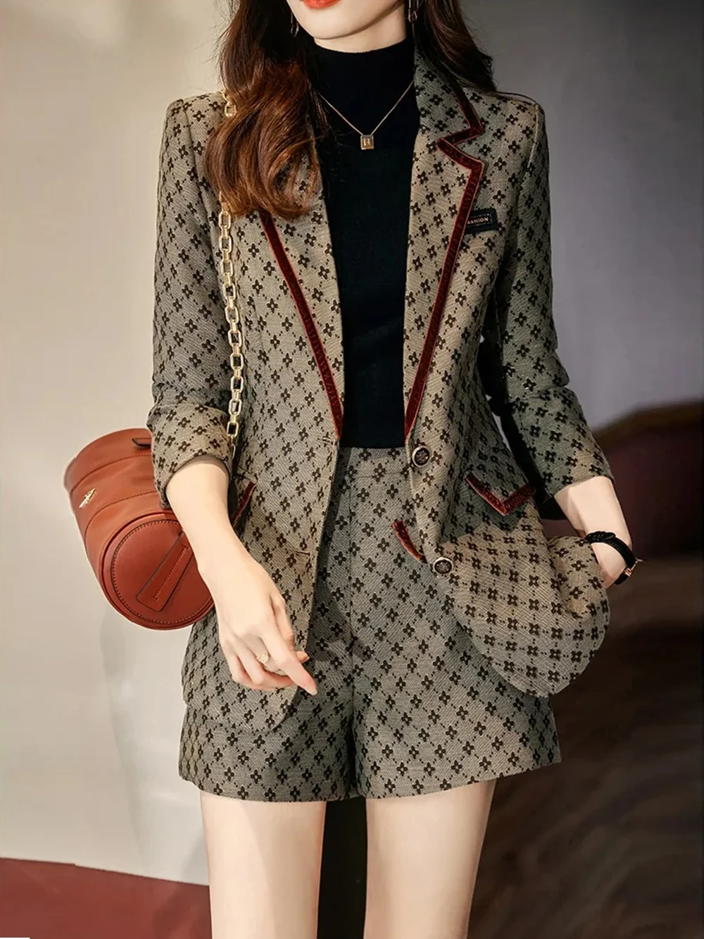 TescoPrintWomenSuit2PiecesBlazerShortsPantSuitCuffsButton