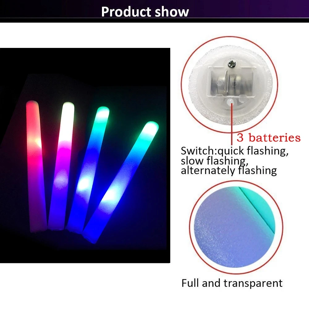 Upgraded Light Up Foam Sticks, 3 Modes Colorful Flashing Led Strobe Stick  For Party, Concert And Event (12 Pack)