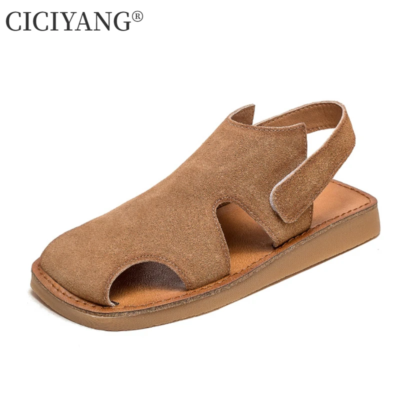 

CICIYANG Women Sandals Suede First Layer Cowhide 2024 High-quality Designer Summer Ladies Retro Flats Rome Sandal Handmade Shoes