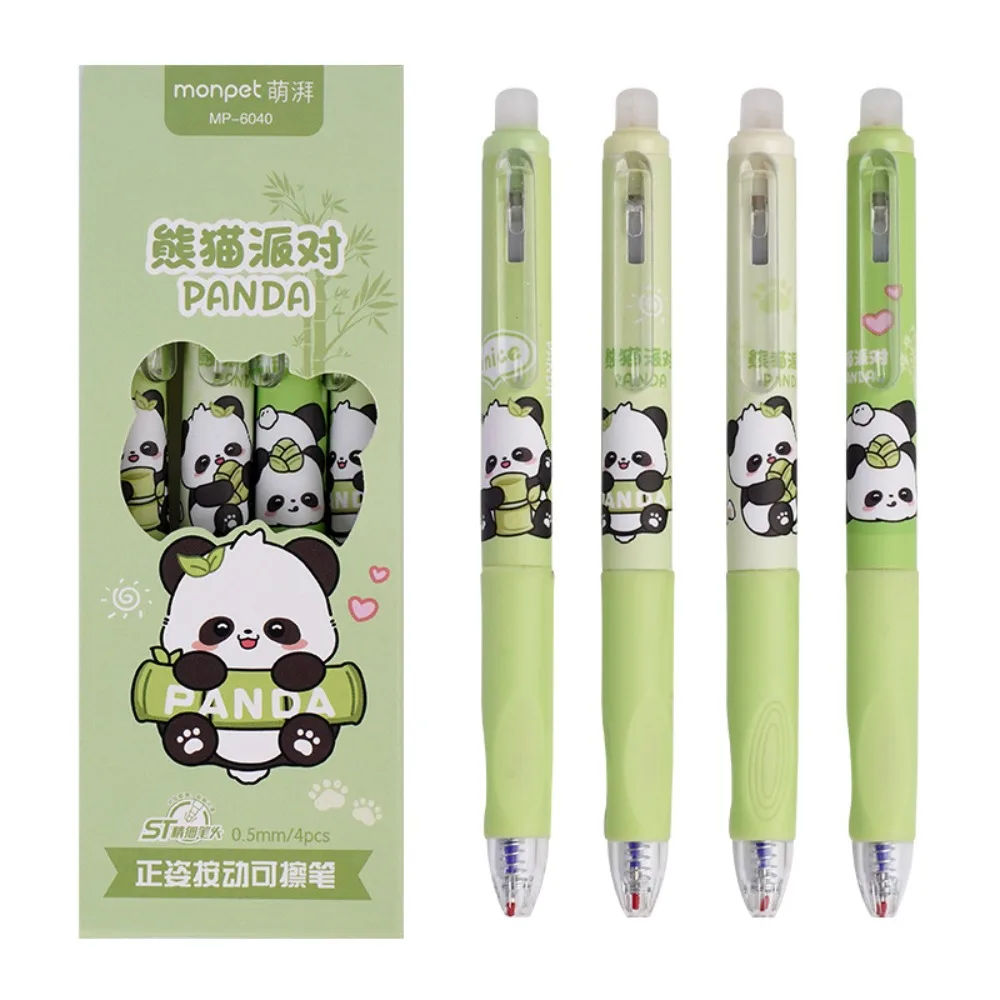 4 Penne Cancellabili Con Gomma E Design Panda – Tratto 0.5 Mm, Inchiostro Nero, Simpatiche Per Scuola E Ufficio