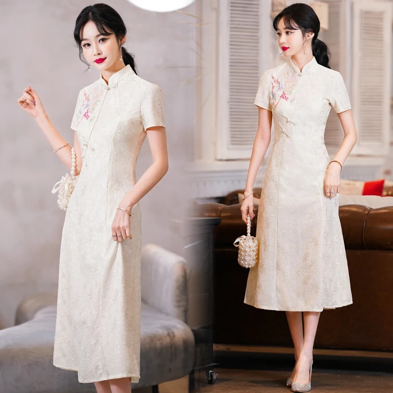 

Vintage Lace Cheongsam Chinese Traditional Short Sleeve Modern Daily Qipao Dress Women Clothing CNY
