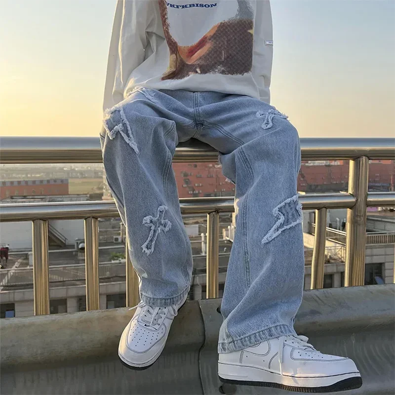 Jean en Denim à jambes droites pour hommes, nouvelle mode décontractée, ample, pantalon Y2k, jambes larges, Hip Hop, noir, bleu 1 Jean en Denim à jambes droites pour hommes, nouvelle mode décontractée, ample, pantalon Y2k, jambes larges, Hip Hop, noir, bleu 1