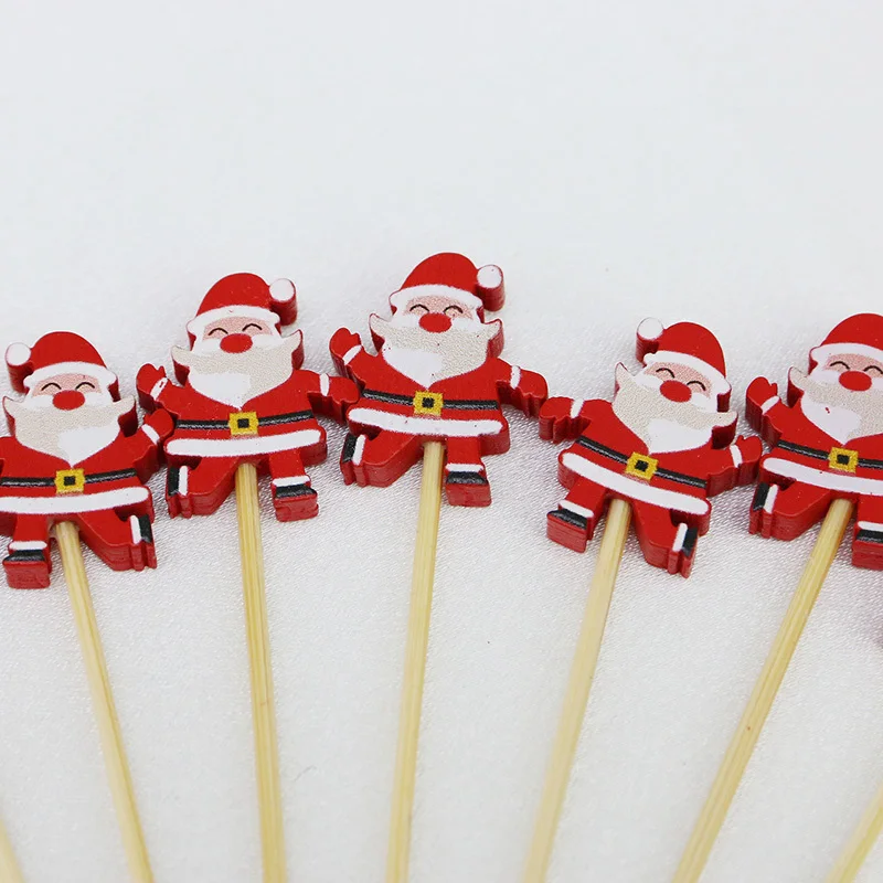 (100pcs/pack) 11.8cm Santa Claus Bamboo Skewers Wooden Disposable Christmas Toothpick Kitchen Accessories Dessert Fruit  Party