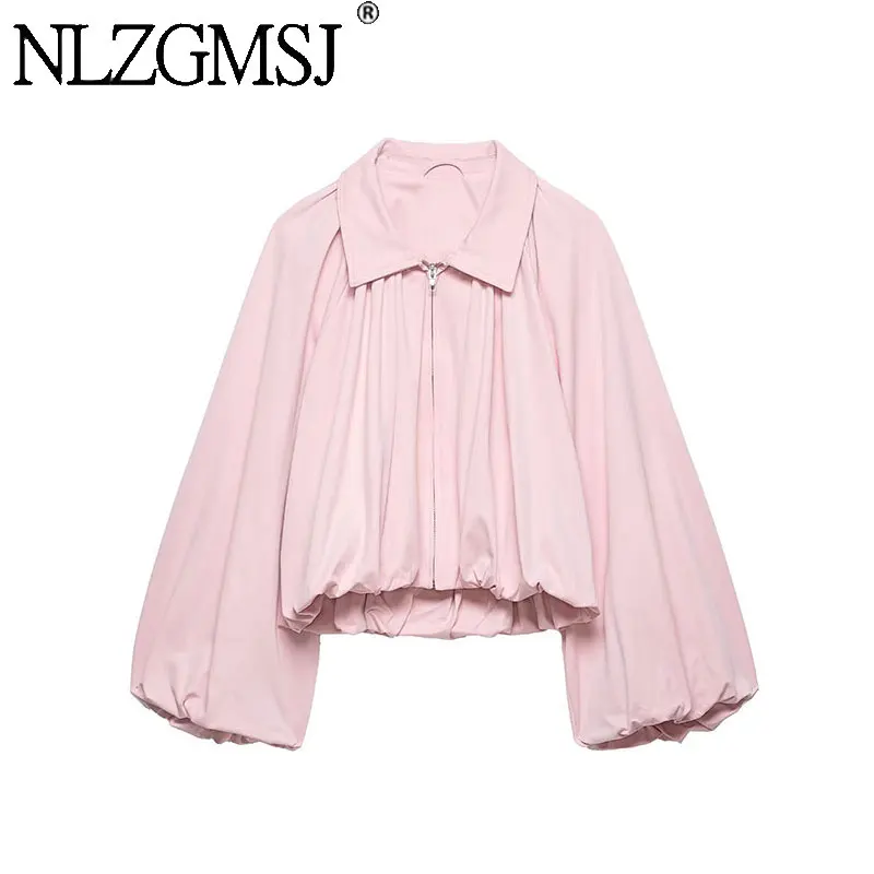 NLZGMSJ Damen Bomberjacke 2026 Frühling Ballonärmel Falten Reißverschluss Lockerer Mantel Damen Lässiger Oversize-Oberteil Y2K