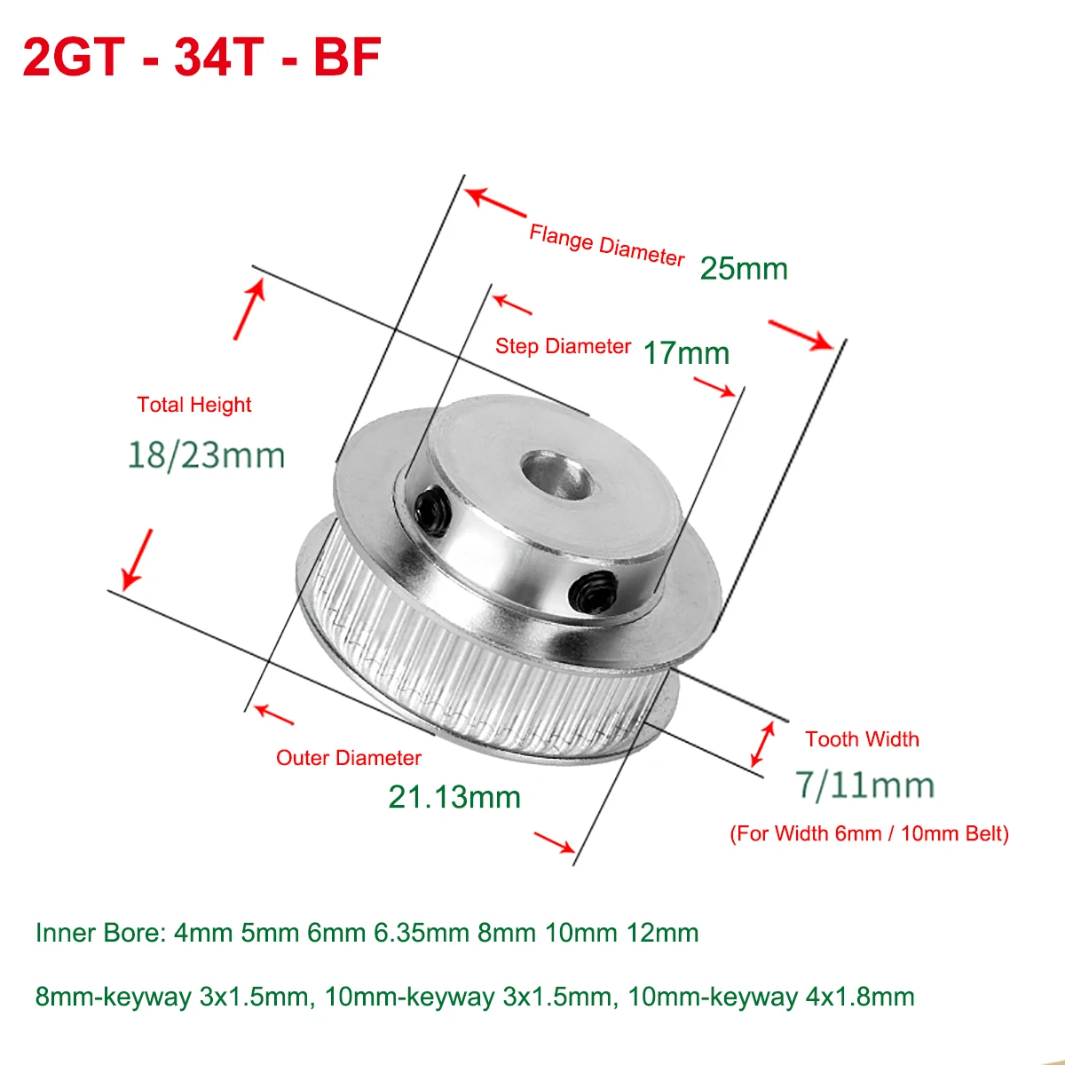 

34 Teeth 2GT Synchronous Timing Pulley Bore 4/5/6/6.35/8/10/12mm For Width 6mm/10mm BF keyway GT2 Timing Belts 3D Printer Parts
