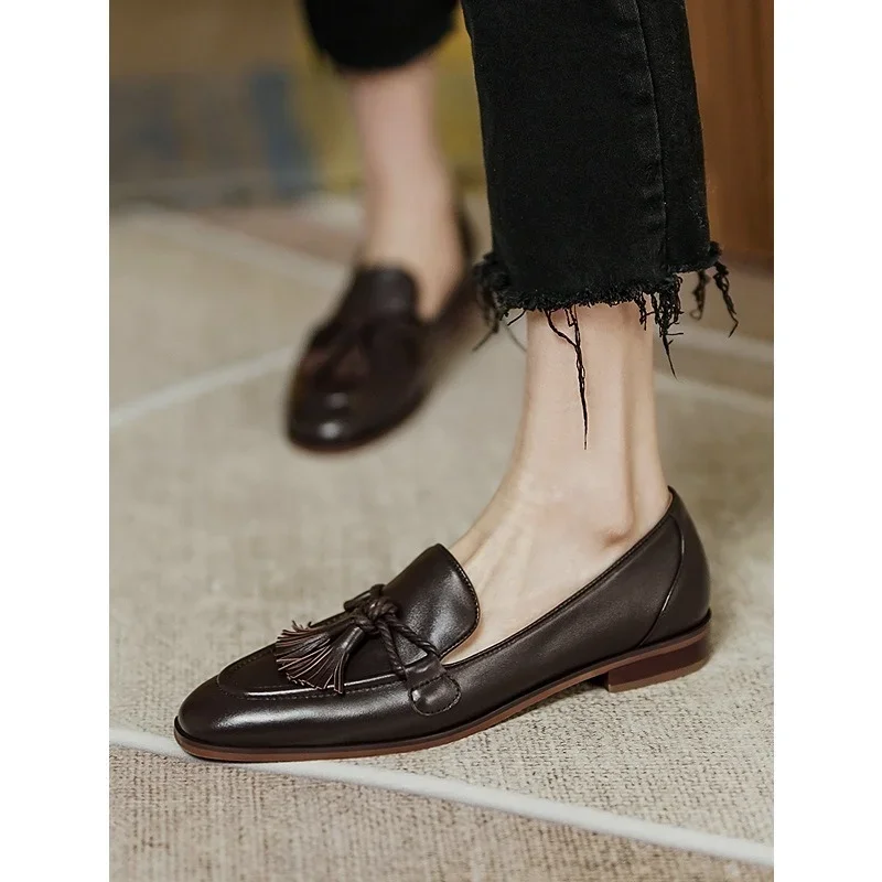 

Retro British Style Square Head Women's Loafers Shoes 2024 Summer New Style Tassel Comfortable Single Shoes Women Brown Shoes