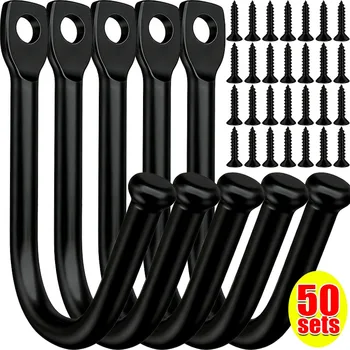 50/5set J-shaped Metal Wall Hooks with Screw for Coat Towel Bag Scarf Hat Wall Mounted Hook Kitchen Bathroom Storage Holder Rack 1